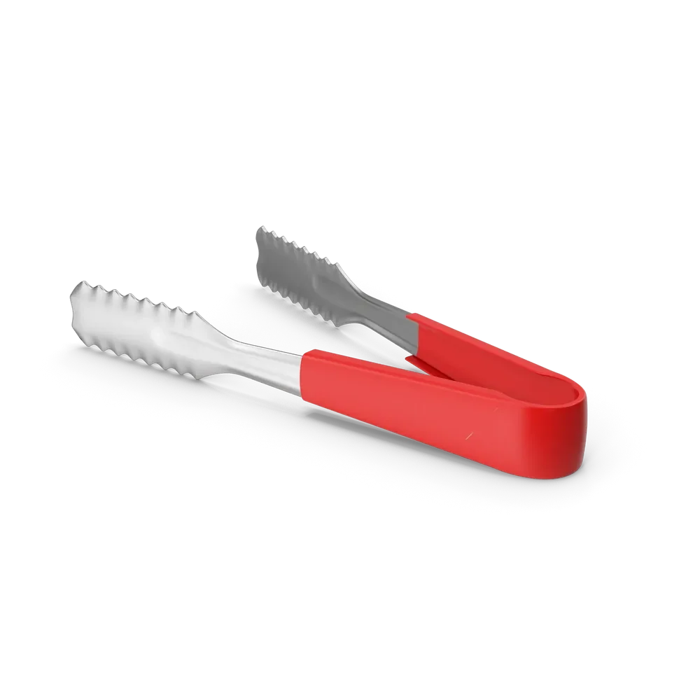 Bright red kitchen tongs on a clean white kitchen countertop, ideal for cooking and serving