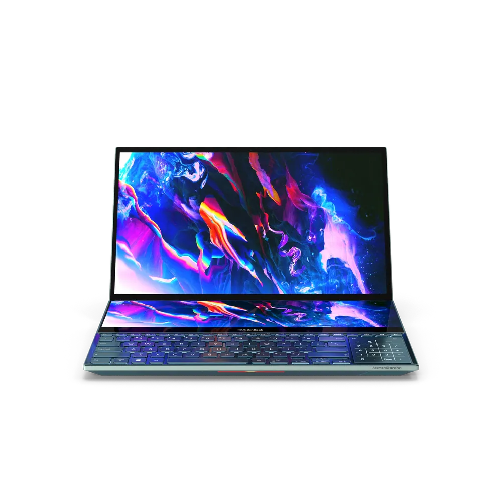 Asus Zenbook Pro Dual Screen Laptop open on a desk showing the primary display and secondary ScreenPad Plus touchscreen