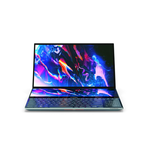 Asus Zenbook Pro Dual Screen Laptop open on a desk showing the primary display and secondary ScreenPad Plus touchscreen