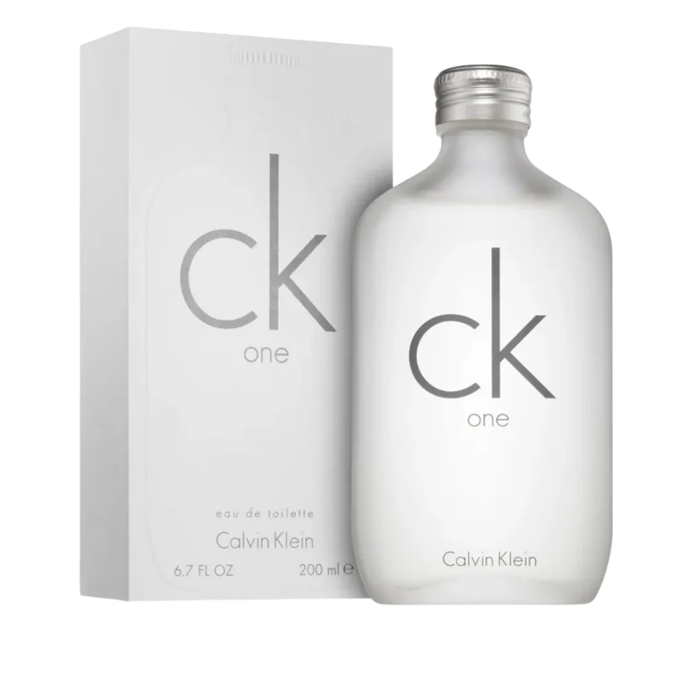 CK One by Calvin Klein eau de toilette bottle showcasing its iconic simple and modern packaging