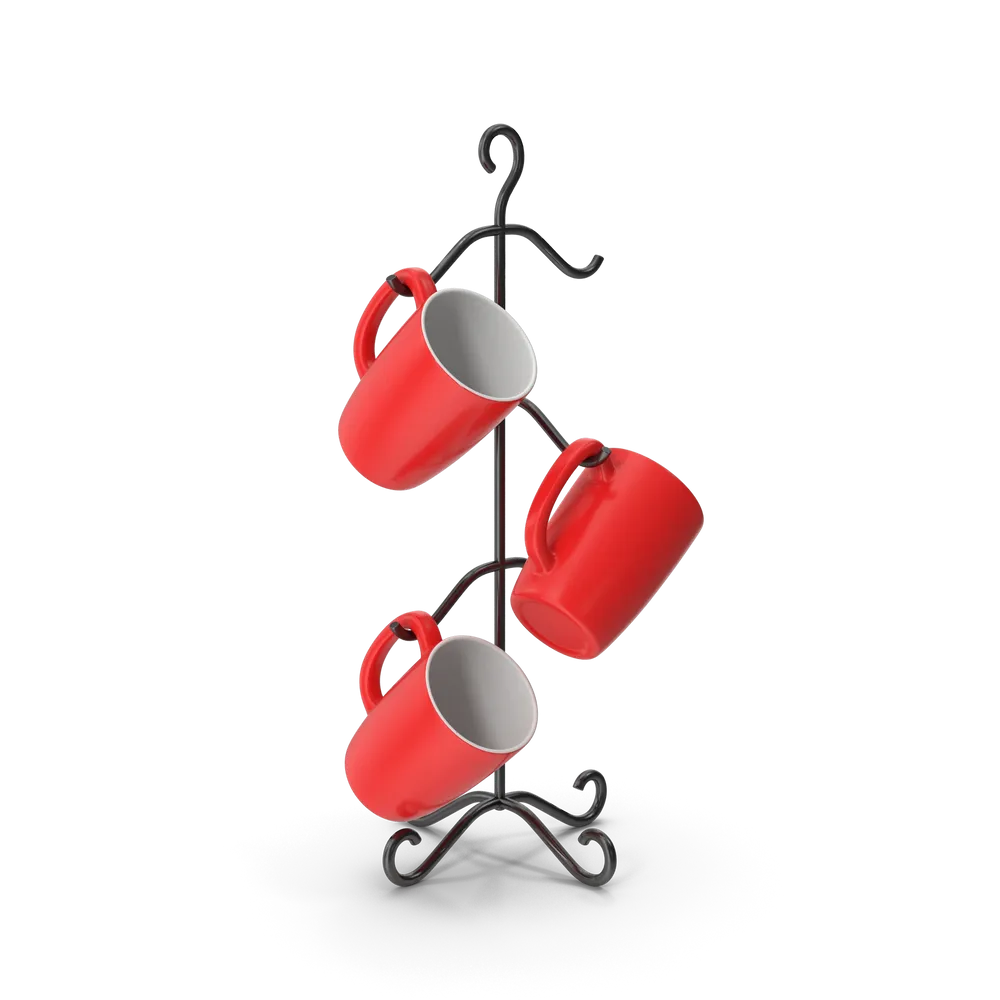 Close-up of a stylish mug tree stand with hanging coffee and tea mugs neatly arranged
