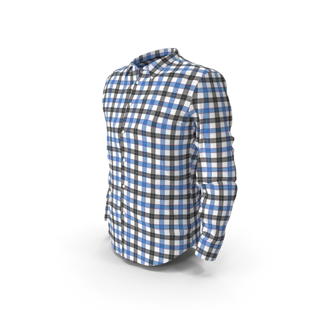 Close-up of blue and black check fabric pattern on a men's button-up shirt