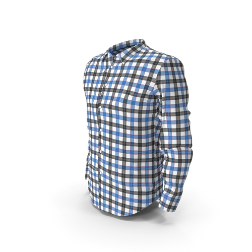 Close-up of blue and black check fabric pattern on a men's button-up shirt