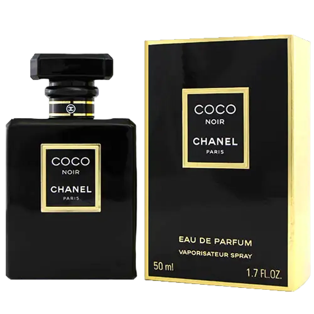 Close-up of Chanel Coco Noir fragrance bottle showcasing its sleek black and gold design