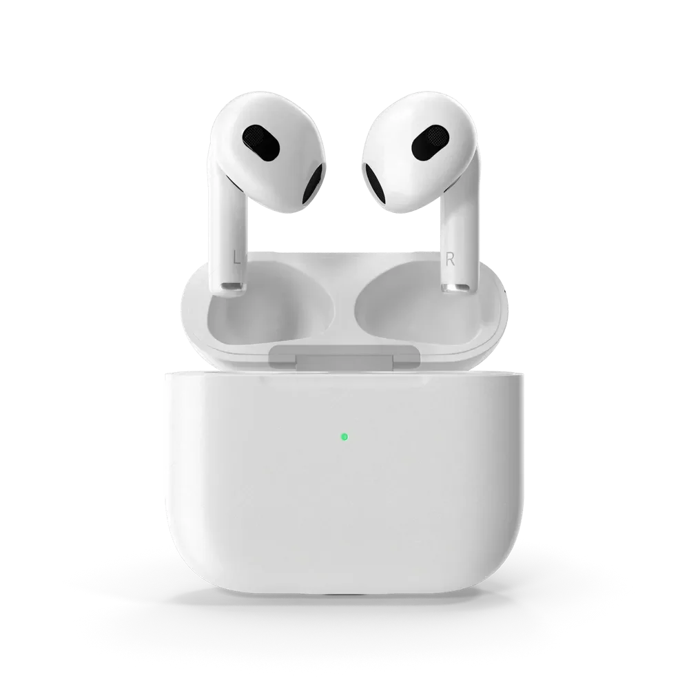 Close-up of Apple AirPods in-ear design showing the iconic stem and speaker mesh detail