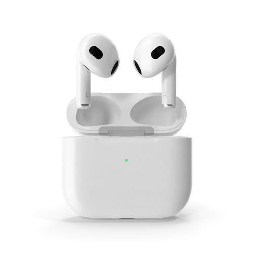 Close-up of Apple AirPods in-ear design showing the iconic stem and speaker mesh detail