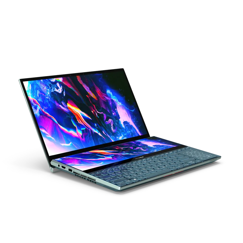Side profile view of the Asus Zenbook Pro Dual Screen Laptop highlighting its slim aluminum chassis and dual display design