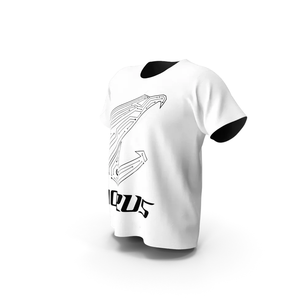 Male model wearing the official Gigabyte Aorus gaming t-shirt in a casual setting