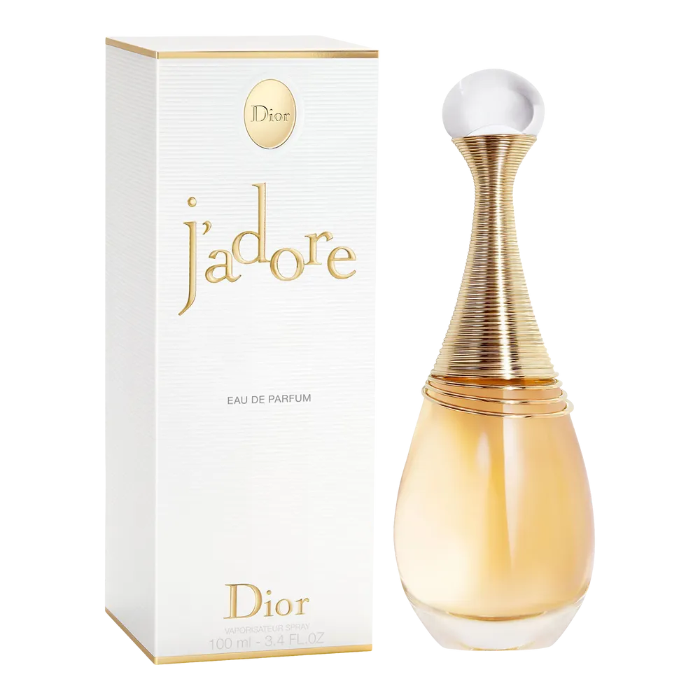 Close-up of Dior J'adore eau de parfum bottle showcasing its elegant gold design
