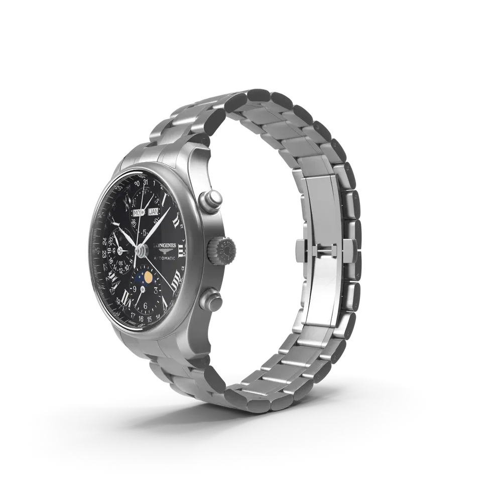 Close-up of Longines Master Collection automatic watch face showing chronograph subdials