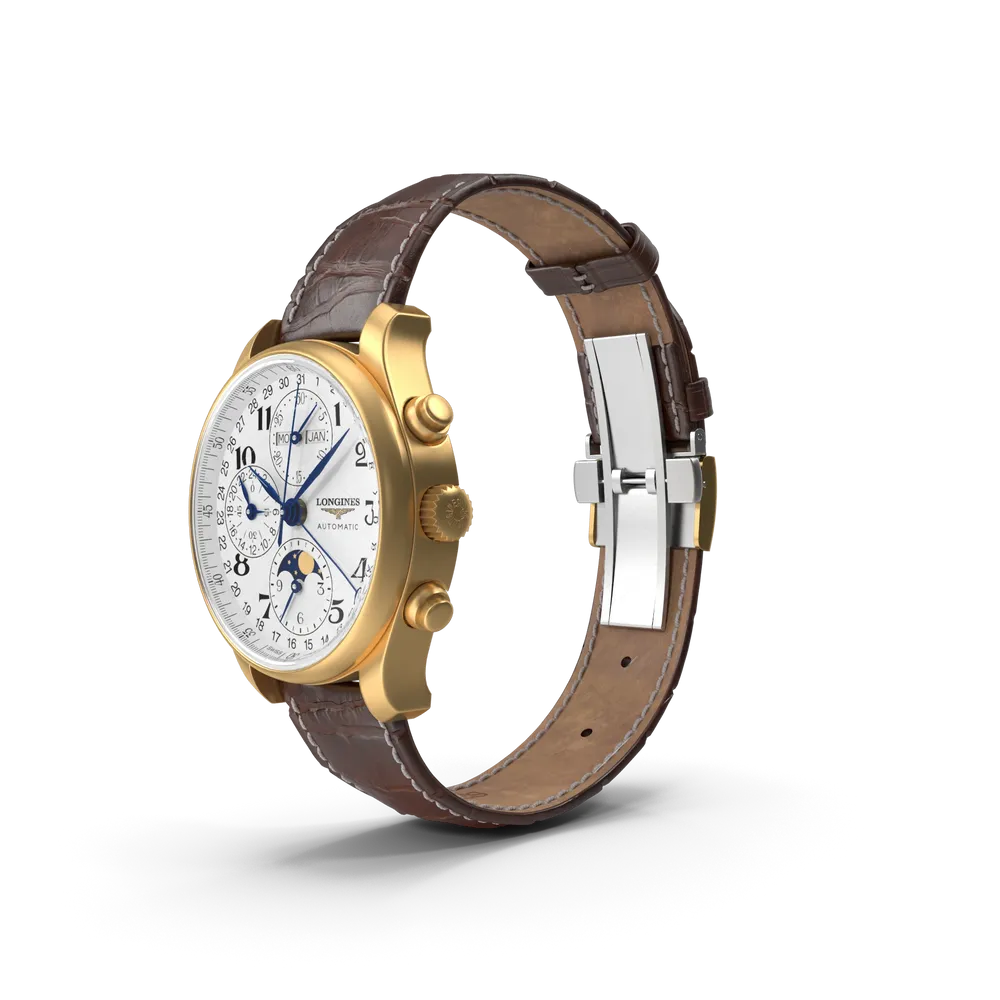 Close-up of brown leather strap watch showing detailed stitching and classic buckle