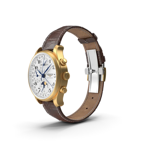 Close-up of brown leather strap watch showing detailed stitching and classic buckle
