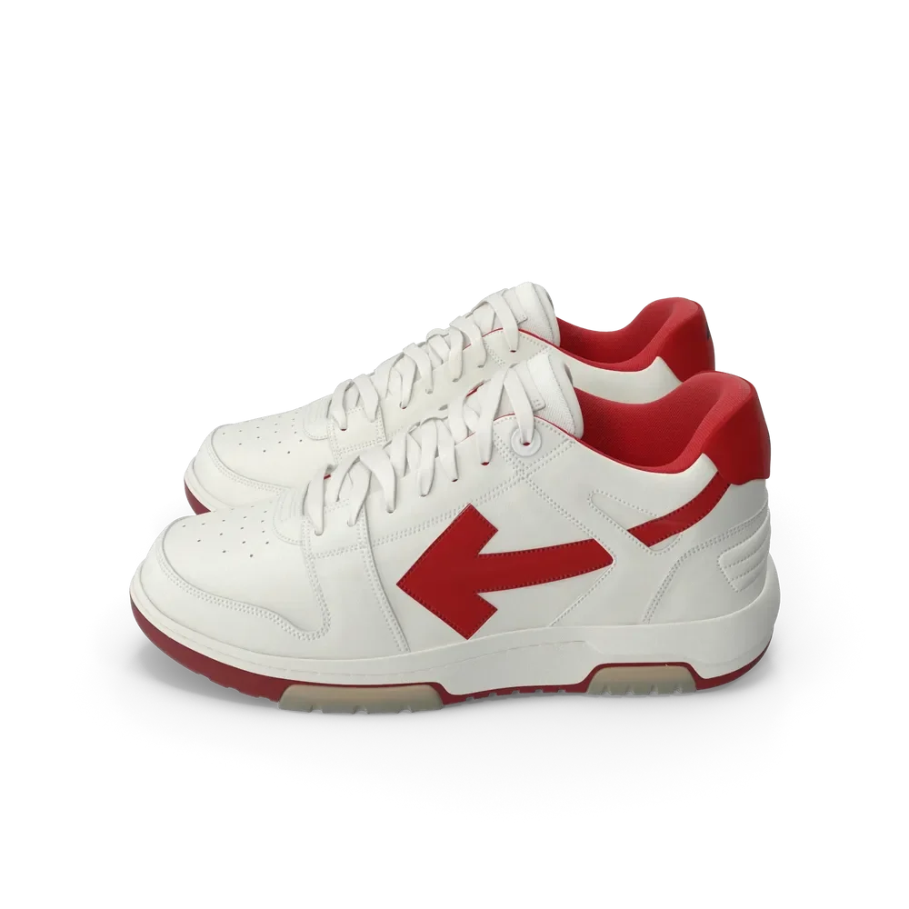 Side profile view of off white and red sports sneakers showing sole and upper design