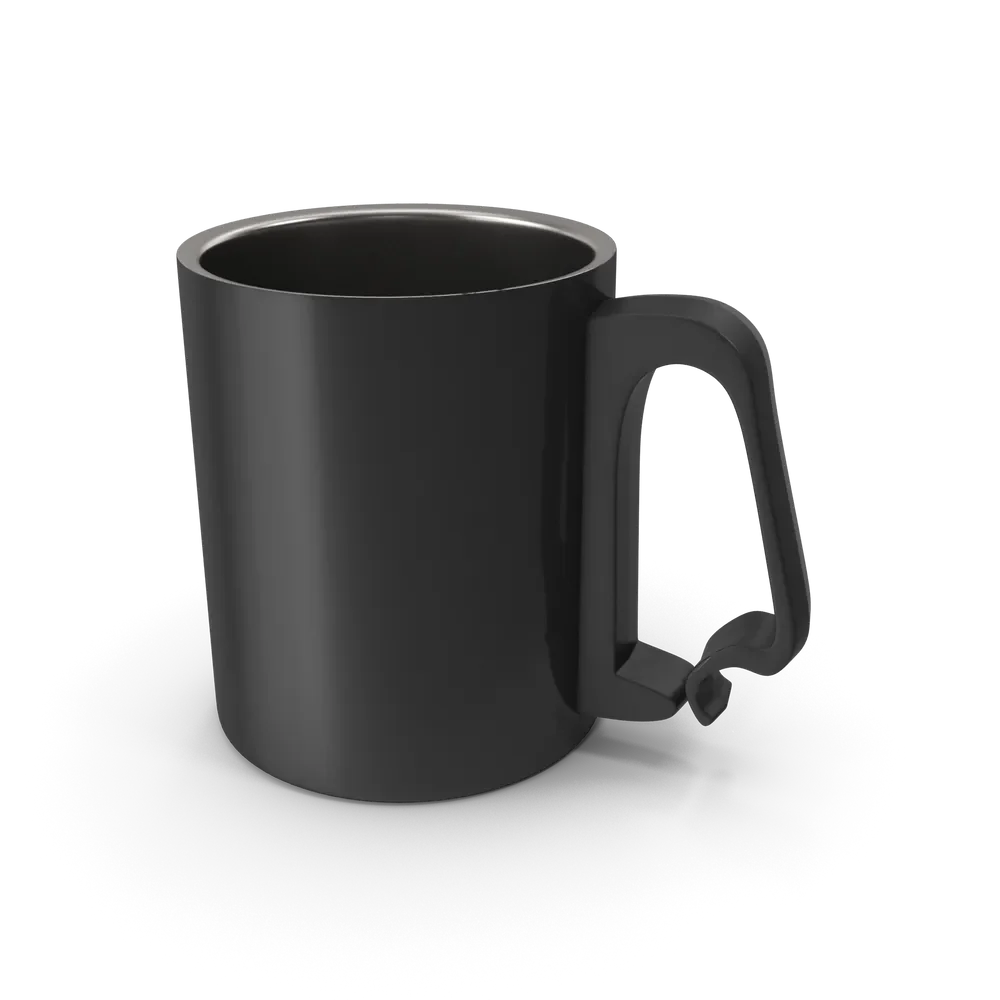 Close-up of a black aluminium cup showing its modern finish and lightweight build