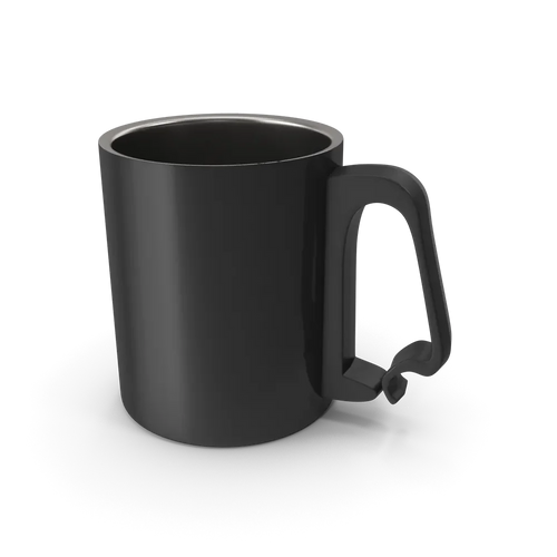 Close-up of a black aluminium cup showing its modern finish and lightweight build