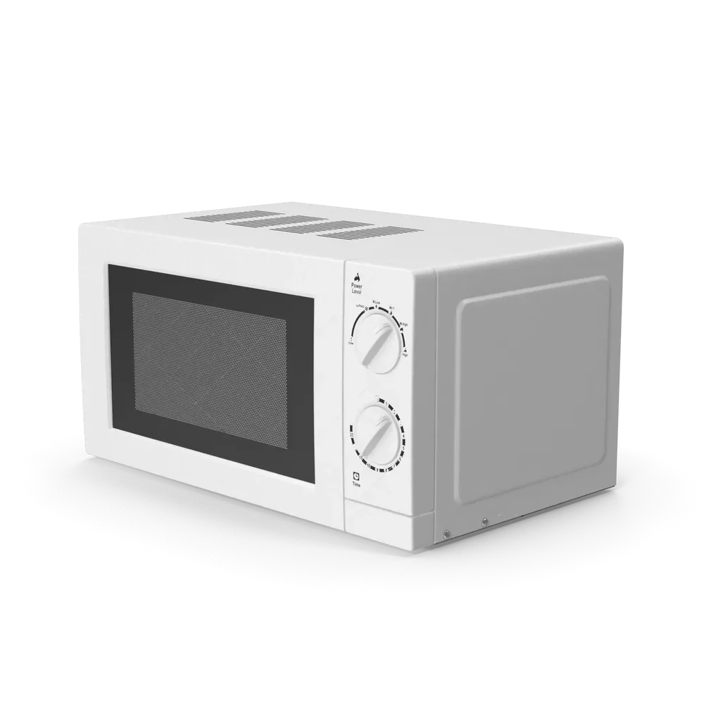 Microwave oven with door open showing interior turntable and spacious cooking cavity