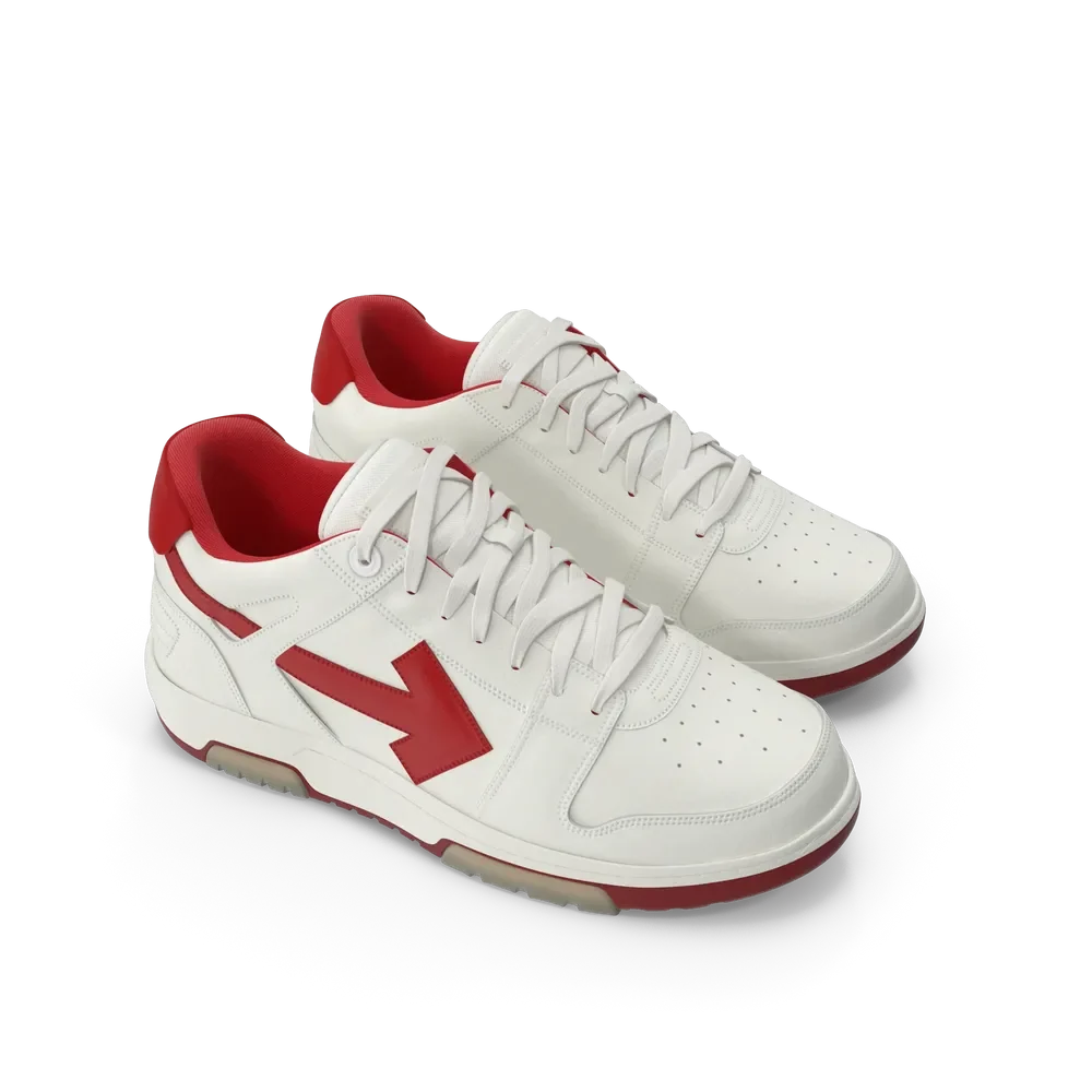 Close-up of off white and red sports sneaker sole and outsole traction detail