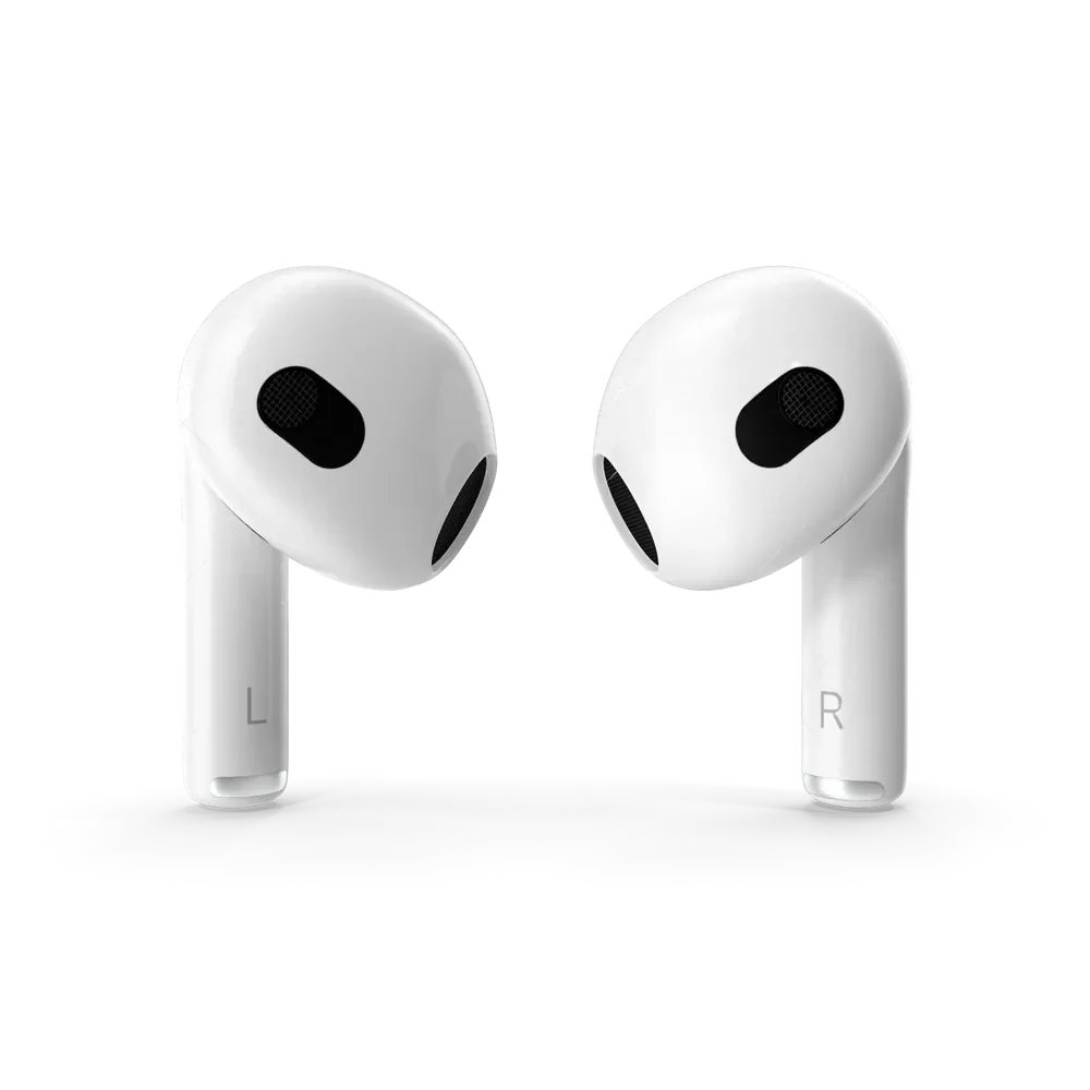 Apple AirPods charging case open with both earbuds resting inside, showing the compact portable design