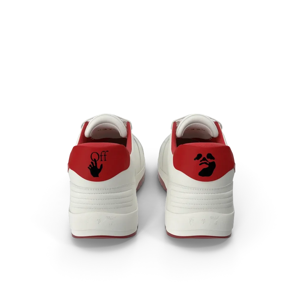 Close-up detail of off white red sneaker showing texture, stitching, and lace construction