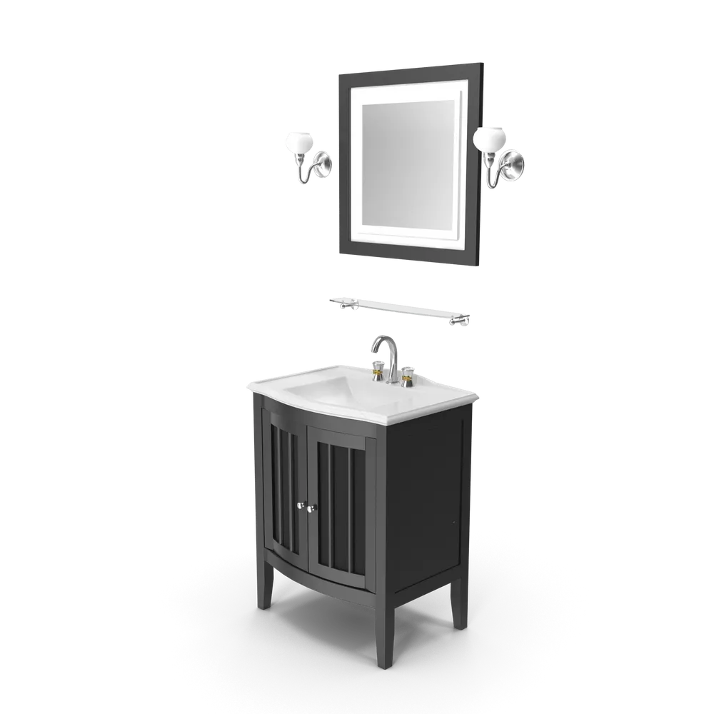Stylish wooden bathroom vanity sink and mirror set installed in a contemporary bathroom setting