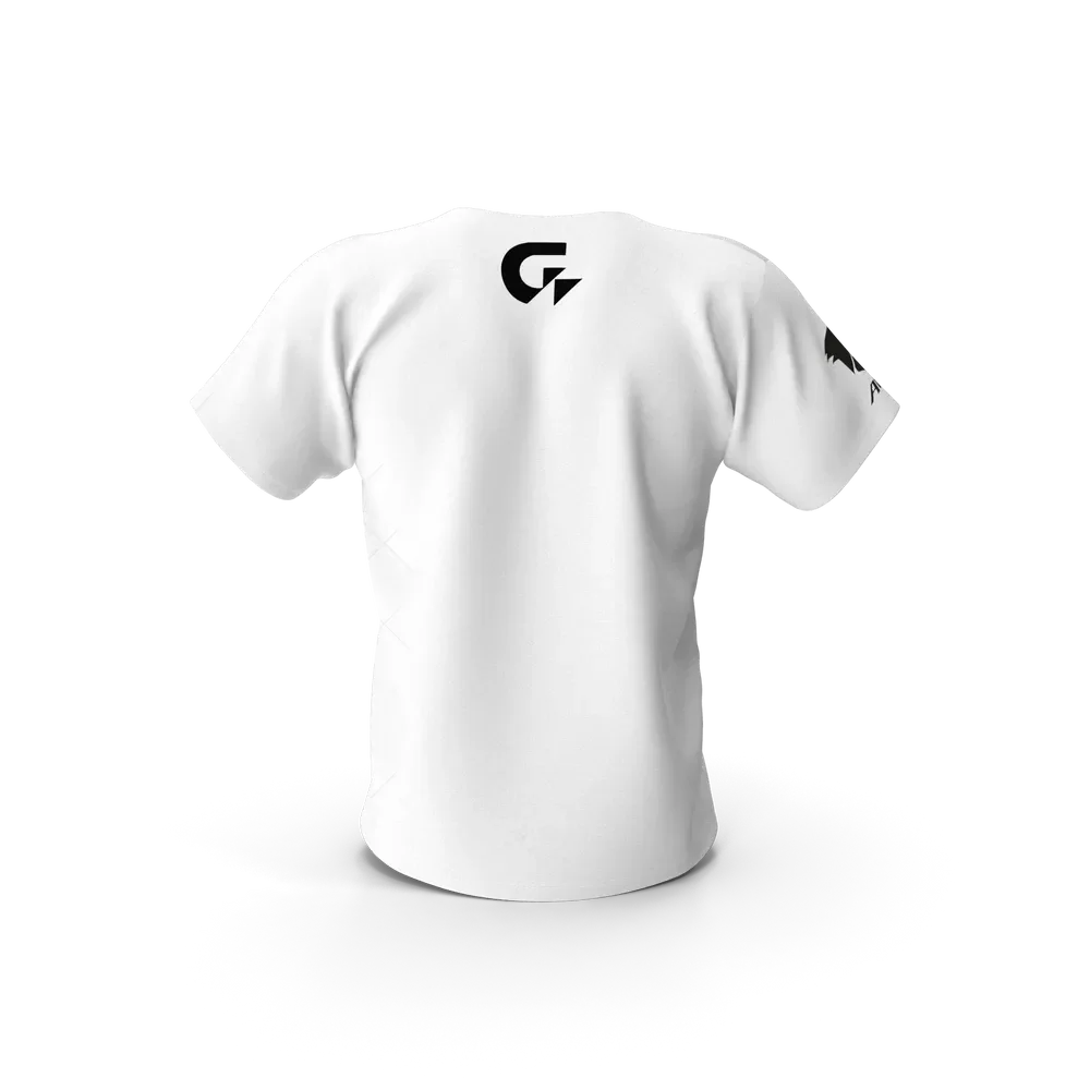 Close-up of Aorus logo detail on a black men's gaming t-shirt by Gigabyte