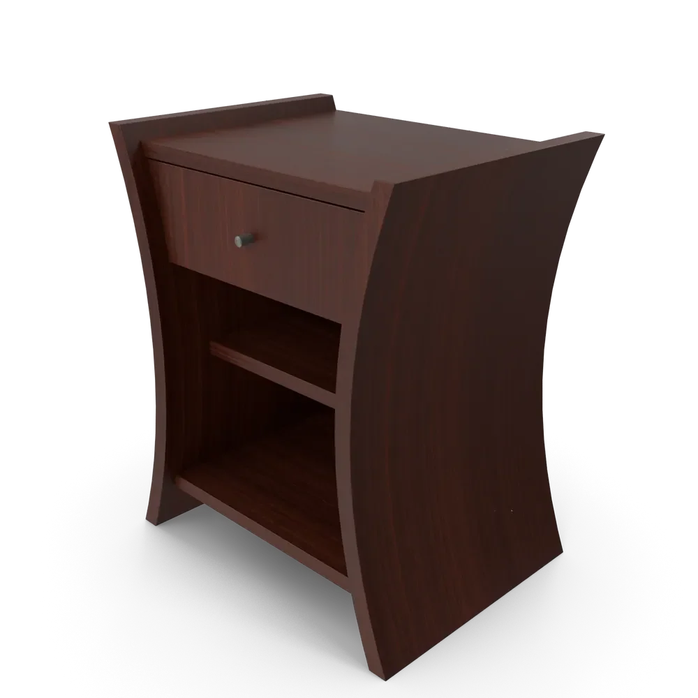 African Cherry nightstand styled with a lamp and book in a cosy modern bedroom setting