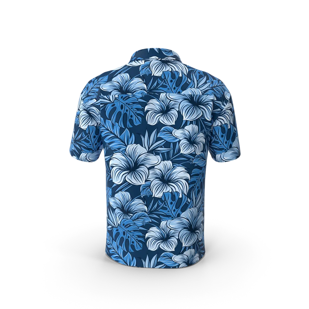 Front view of a stylish men's short sleeve shirt laid flat on a clean white background
