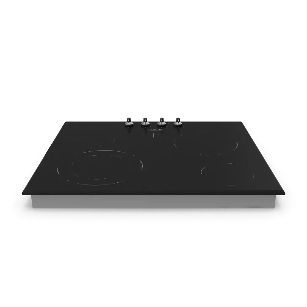 Electric stove positioned in a small apartment kitchen next to cookware