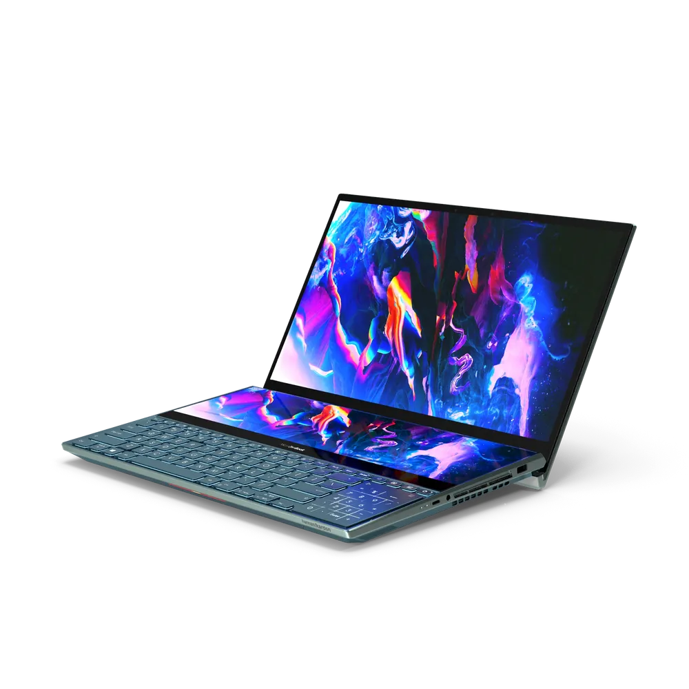 Asus Zenbook Pro Dual Screen Laptop in use by a creative professional with design software open across both screens