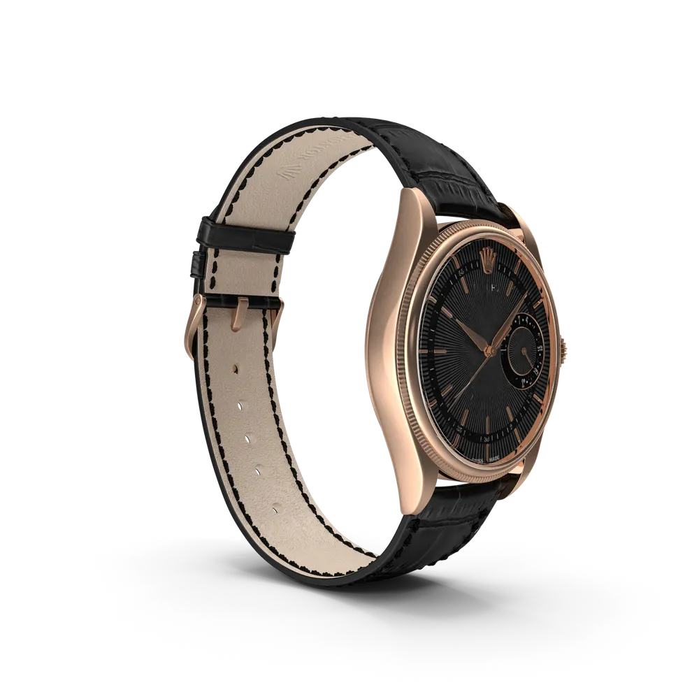 Rolex Cellini Date luxury dress watch with black dial displayed on a dark reflective surface