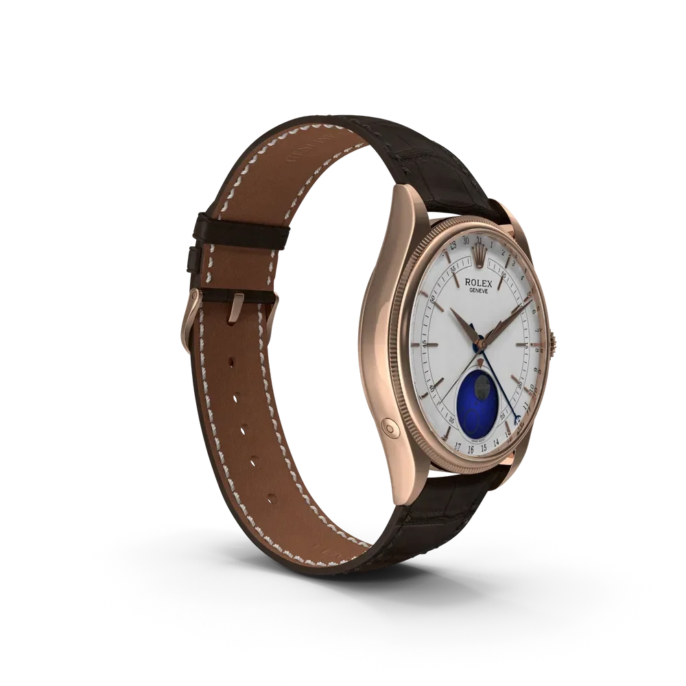 Rolex Cellini Moonphase side profile view displaying the fluted bezel, sapphire crystal, and elegant gold case on a leather strap