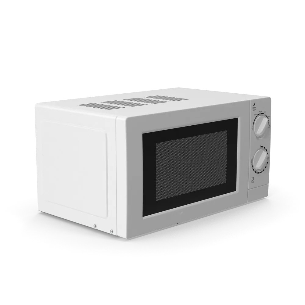 Compact microwave oven in a modern kitchen next to a coffee maker and small appliances