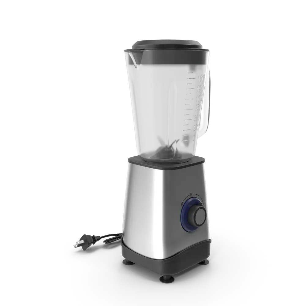 Boxed Blender beside a finished protein shake in a tall glass