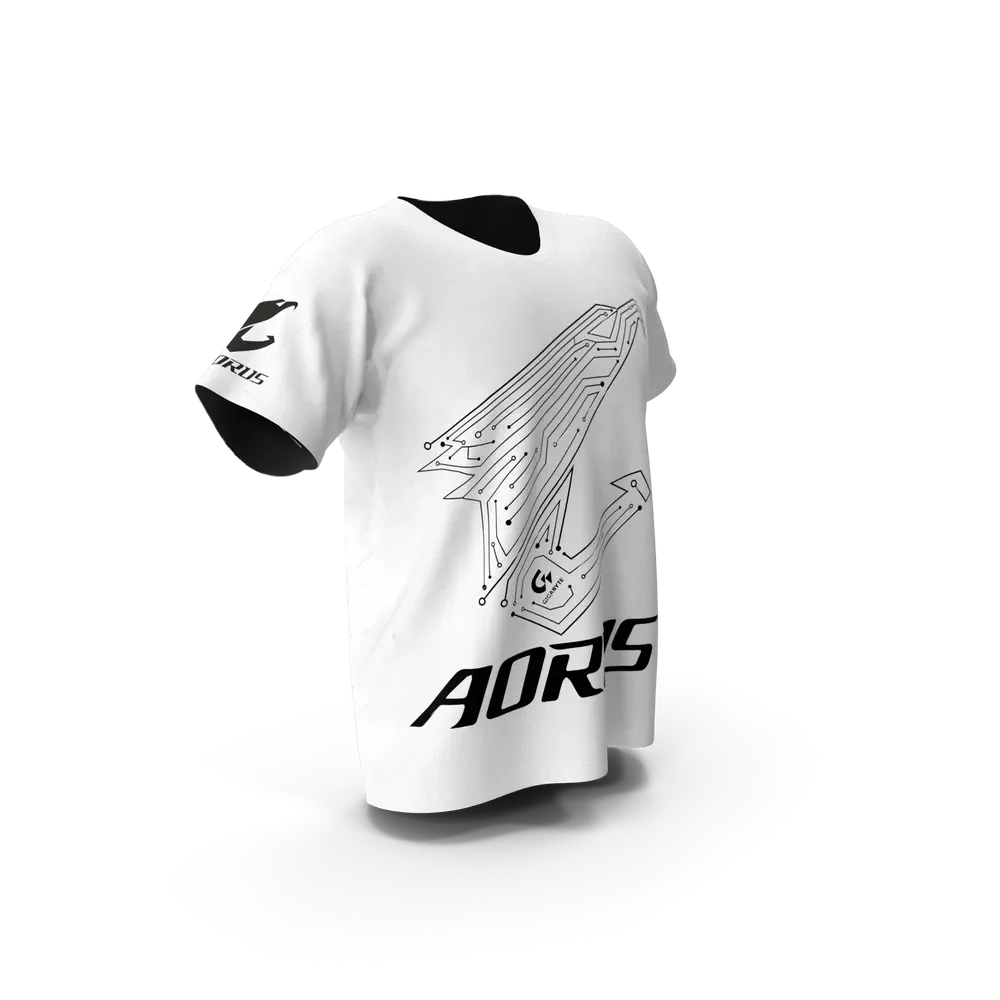 Flat lay of the Gigabyte Aorus men t-shirt showing full design and cut on a clean background