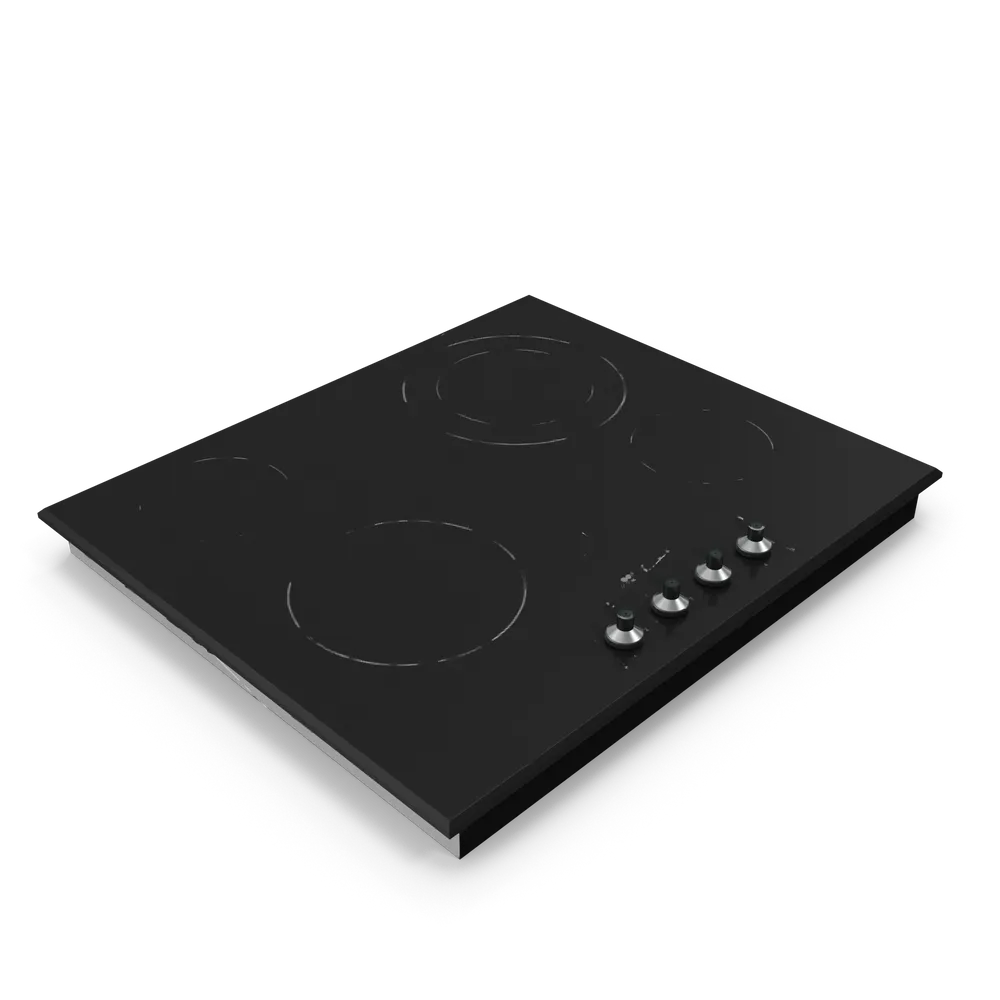 Top-down view of a portable electric stove with a pot heating on the burner