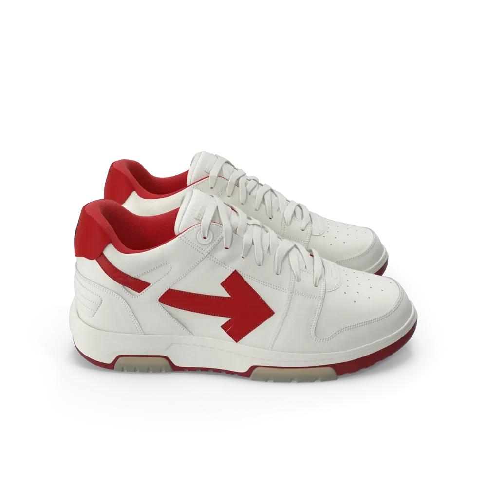Pair of off white and red sports sneakers styled with casual streetwear outfit